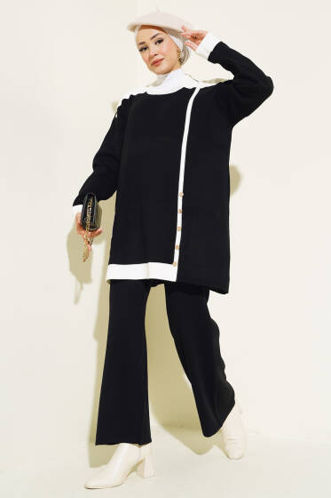 Tahta Düğme Detaylı Triko İkili Takım Siyah - İkili Takım