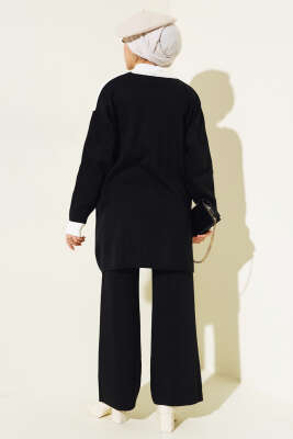 Tahta Düğme Detaylı Triko İkili Takım Siyah - Triko İkili Takım