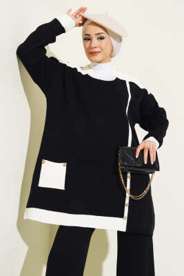 Tahta Düğme Detaylı Triko İkili Takım Siyah - Triko İkili Takım