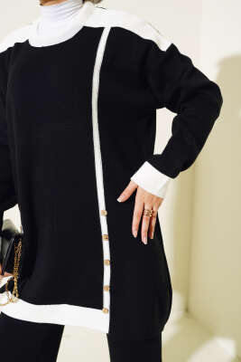 Tahta Düğme Detaylı Triko İkili Takım Siyah - Triko İkili Takım