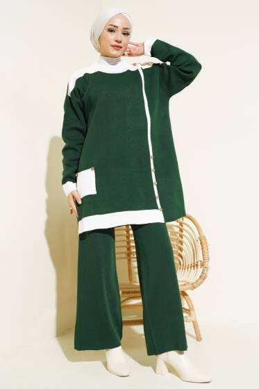 Tahta Düğme Detaylı Triko İkili Takım Zümrüt - İkili Takım