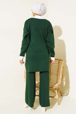 Tahta Düğme Detaylı Triko İkili Takım Zümrüt - Triko İkili Takım