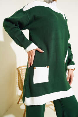 Tahta Düğme Detaylı Triko İkili Takım Zümrüt - Triko İkili Takım
