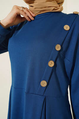 Tahta Düğme Süslemeli Elbise İndigo - Thumbnail