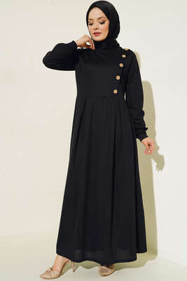 Tahta Düğme Süslemeli Elbise Siyah - Thumbnail