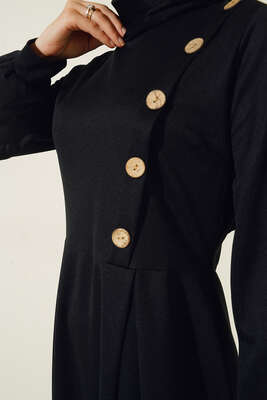 Tahta Düğme Süslemeli Elbise Siyah - Thumbnail
