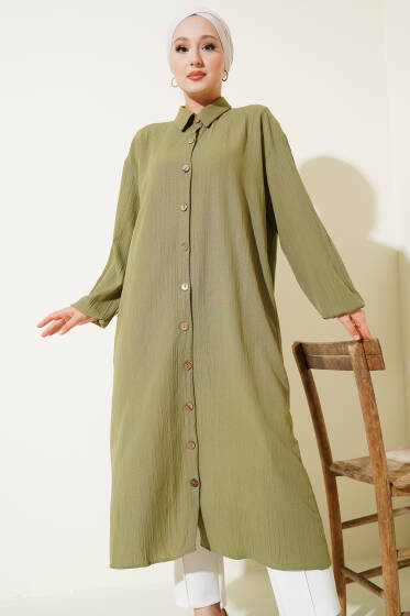 Tahta Düğmeli Ağaç Kabuğu Uzun Gömlek Çağla Yeşili - Gömlek