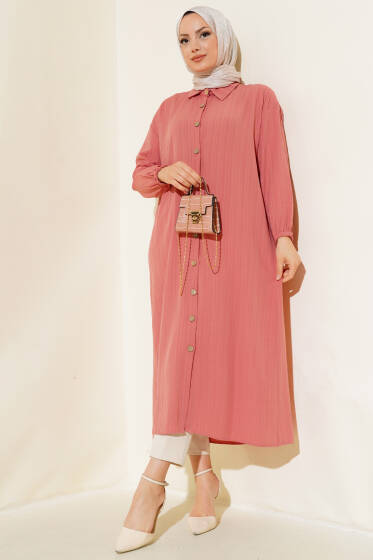 Tahta Düğmeli Ağaç Kabuğu Uzun Gömlek Gül Kurusu - Gömlek