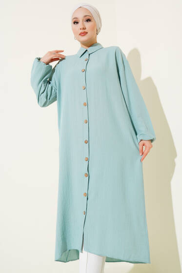 Tahta Düğmeli Ağaç Kabuğu Uzun Gömlek Mint - Gömlek