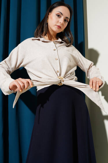 Tahta Düğmeli Bağlamalı Keten Gömlek Bej - Gömlek