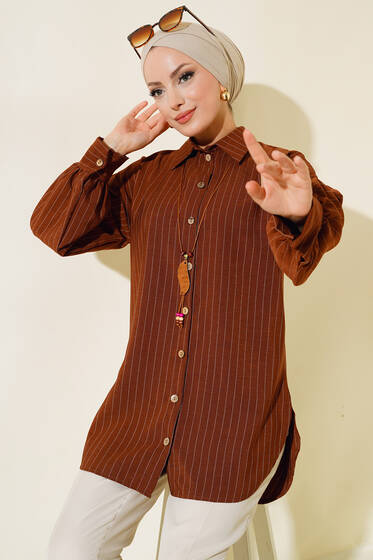Tahta Düğmeli Çizgili Gömlek Kahve - Gömlek