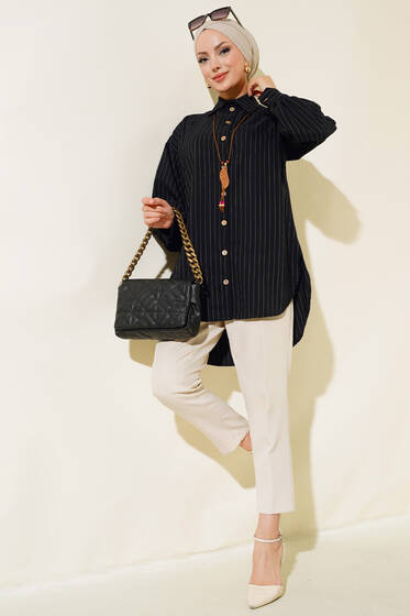 Tahta Düğmeli Çizgili Gömlek Siyah - Gömlek