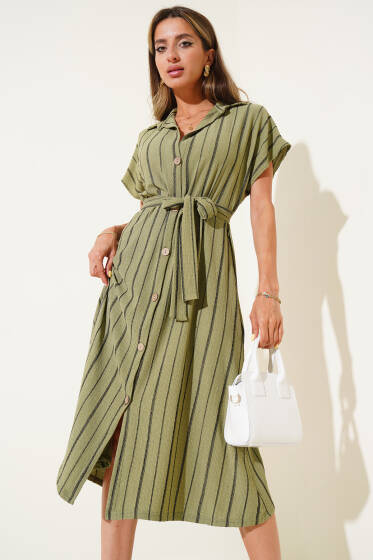 Tahta Düğmeli İnce Çizgili Elbise Çağla Yeşili - Kadın Giyim Modelleri