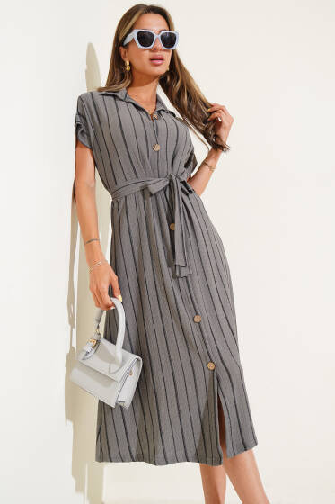Tahta Düğmeli İnce Çizgili Elbise Gri - Kadın Giyim Modelleri