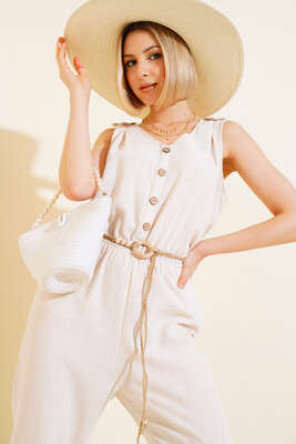 Tahta Düğmeli Keten Tulum Taş - Kadın Giyim Modelleri