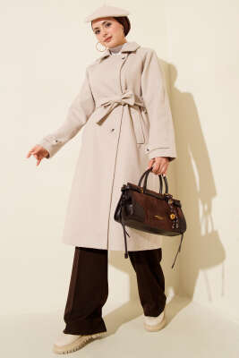 Tahta Düğmeli Kruvaze Yaka Kaşe Kaban Bej - MUSTİ