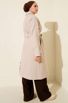 Tahta Düğmeli Kruvaze Yaka Kaşe Kaban Bej - Günün Seçilenleri