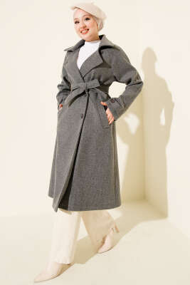 Tahta Düğmeli Kruvaze Yaka Kaşe Kaban Füme - Kaban