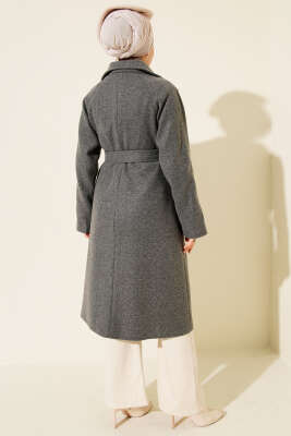 Tahta Düğmeli Kruvaze Yaka Kaşe Kaban Füme - Kaban