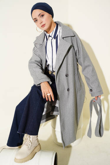 Tahta Düğmeli Kruvaze Yaka Kaşe Kaban Gri - Kaban