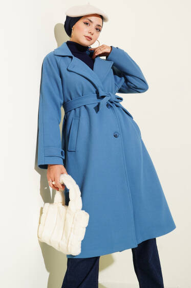 Tahta Düğmeli Kruvaze Yaka Kaşe Kaban Mavi - Kaban