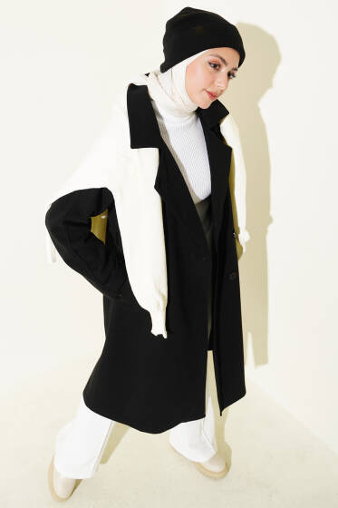 Tahta Düğmeli Kruvaze Yaka Kaşe Kaban Siyah - Kaban