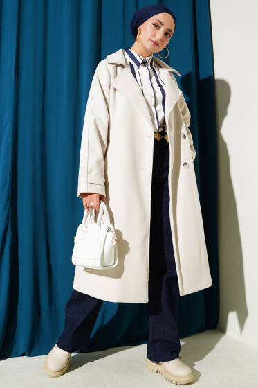 Tahta Düğmeli Kruvaze Yaka Kaşe Kaban Taş - Kaban