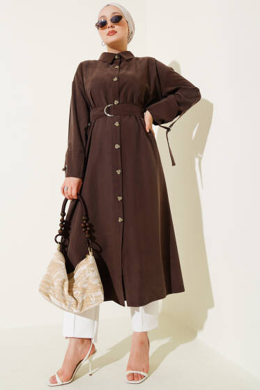 Tahta Düğmeli Kuşaklı Tensel Uzun Gömlek Kahve - Gömlek