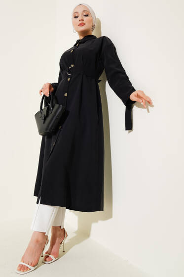 Tahta Düğmeli Kuşaklı Tensel Uzun Gömlek Siyah - Gömlek