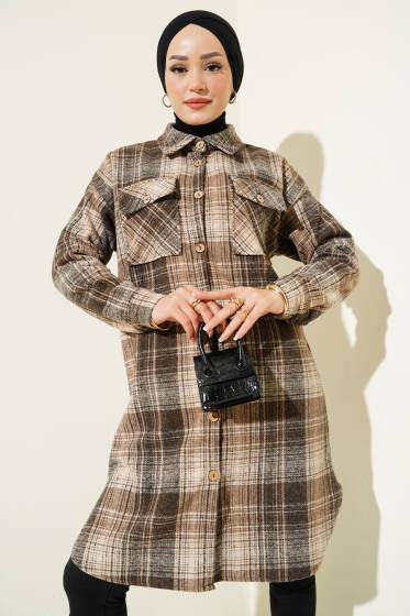 Tahta Düğmeli Uzun Oduncu Gömlek Kahve - Gömlek