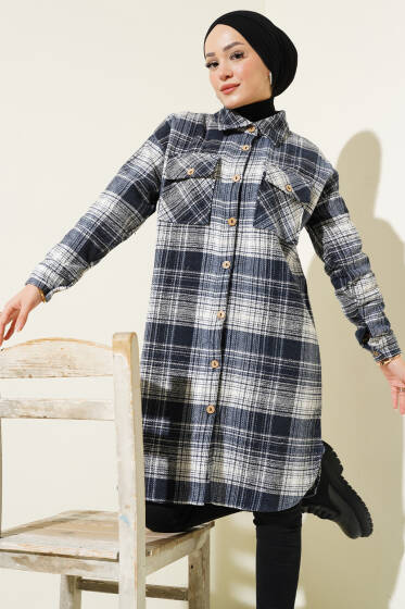 Tahta Düğmeli Uzun Oduncu Gömlek Lacivert - Gömlek