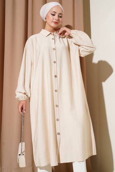 Tahta Düğmeli Uzun Tunik Bej - Tunik