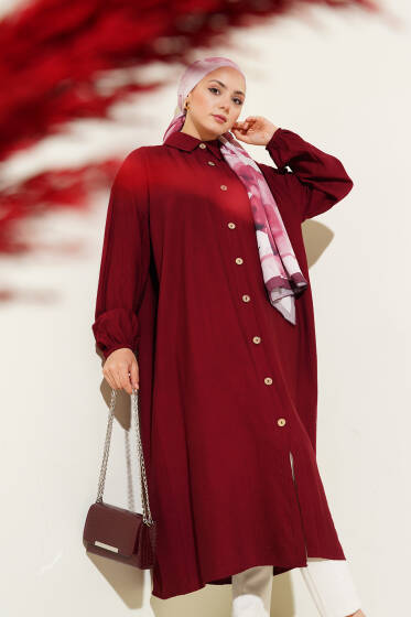 Tahta Düğmeli Uzun Tunik Bordo - Tunik