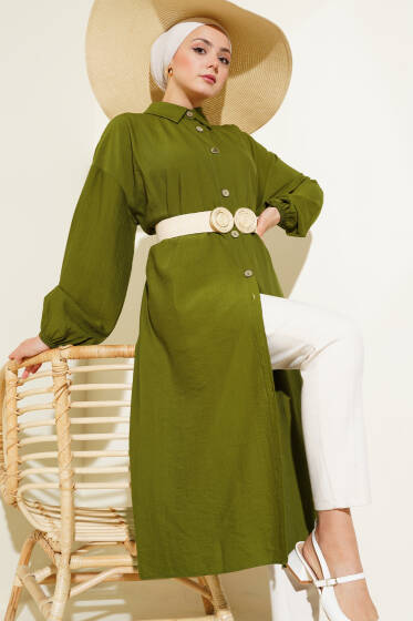 Tahta Düğmeli Uzun Tunik Haki - Tunik
