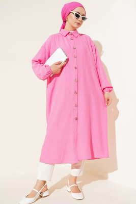 Tahta Düğmeli Uzun Tunik Pembe - Tunik