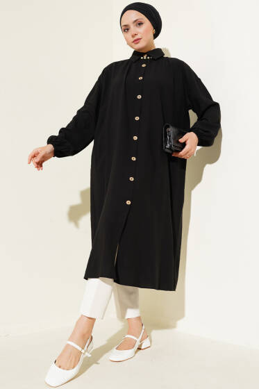Tahta Düğmeli Uzun Tunik Siyah - Tunik