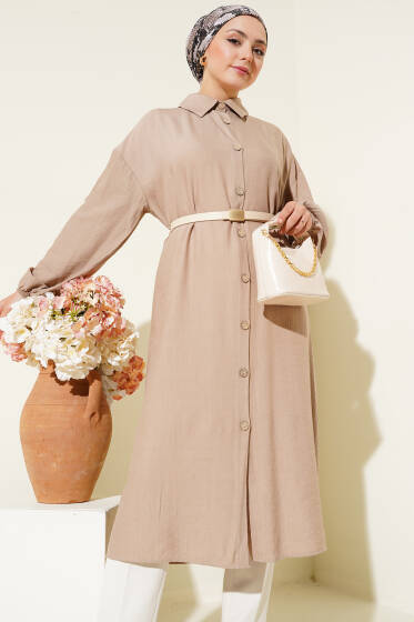 Tahta Düğmeli Uzun Tunik Vizon - Tunik