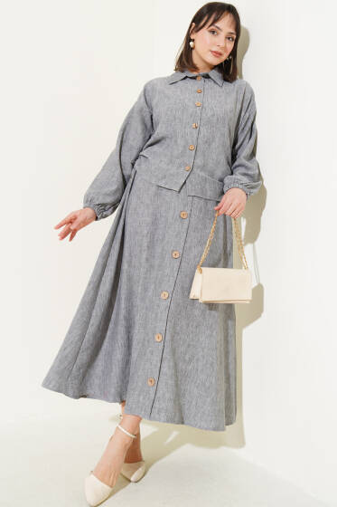 Tahta Düğmeli Yan Büzgülü Etekli Takım Füme - İkili Takım