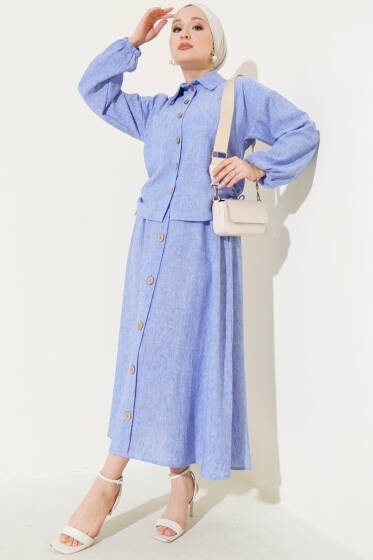 Tahta Düğmeli Yan Büzgülü Etekli Takım İndigo - İkili Takım