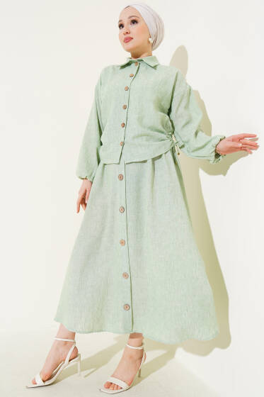 Tahta Düğmeli Yan Büzgülü Etekli Takım Mint - İkili Takım