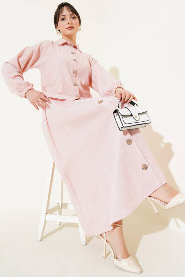 Tahta Düğmeli Yan Büzgülü Etekli Takım Pudra - İkili Takım