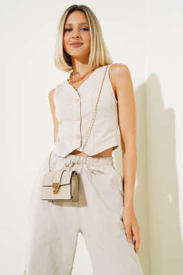 Tahta Düğmeli Yelekli İkili Takım Taş - Kadın Giyim Modelleri