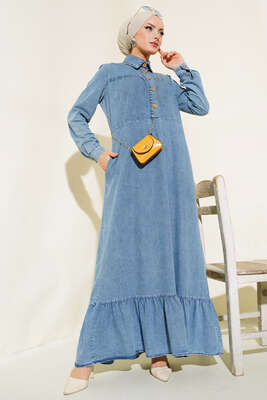 Tahtta Düğmeli Kot Elbise Kot Mavisi - Tesettür Elbise