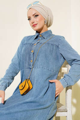 Tahtta Düğmeli Kot Elbise Kot Mavisi - Tesettür Elbise