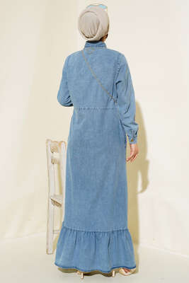 Tahtta Düğmeli Kot Elbise Kot Mavisi - Tesettür Elbise