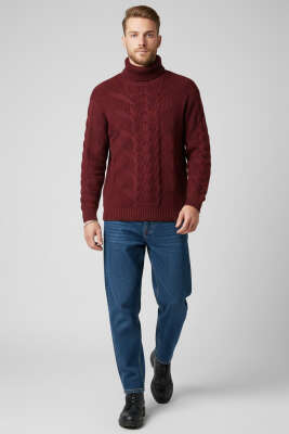 Tam Balıkçı Erkek Triko Kazak Bordo - Erkek Kazak