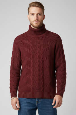 Tam Balıkçı Erkek Triko Kazak Bordo - BETEKS