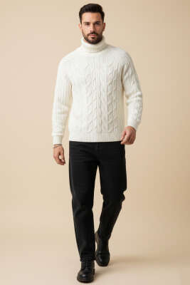 Tam Balıkçı Erkek Triko Kazak Ekru - Erkek Kazak