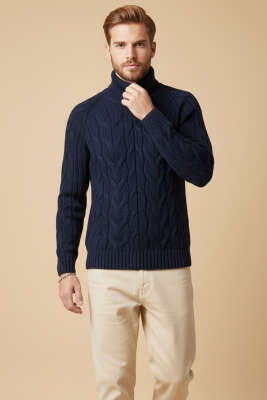 Tam Balıkçı Erkek Triko Kazak Lacivert - BETEKS