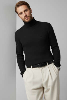 Tam Balıkçı Yaka Triko Erkek Kazak Siyah - BETEKS